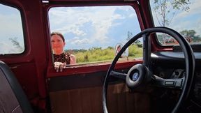 Katherine pedal pumping and driving the Land Cruiser 1977 on sexy sandals