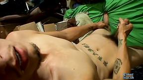 ”Tatted twink Bentley pumps his shaft with his eyes closed”