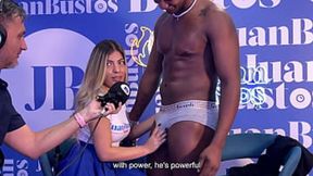 Petite blonde Latina Shaira deep throats gigantic black cock on podcast