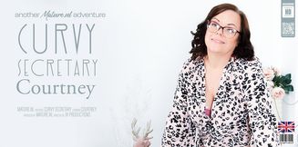 Curvy secretary Courtney loves playing with her shaved pussy