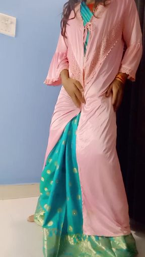 Gorgeous stepmom sexy satin. Blue saree