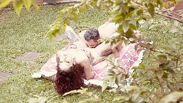 My neighbor voyeur was peeking my fuck with this redhead in the garden