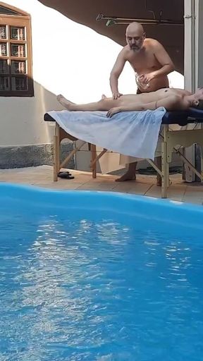 Massage in the pool. The therapist couldn't hold back and made her cum in his mouth.   Clip 2