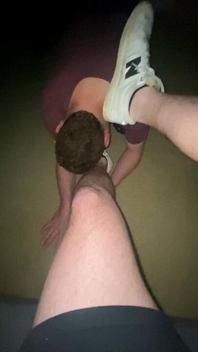 Making my sub lick my shoes clean and stomp him out with my socks
