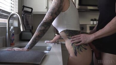 Sexy brunette takes cock while doing the dishes, HOT kitchen sex