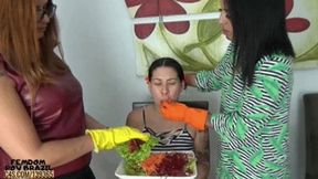 Vegans shove vegetables into slave's mouth (eating) by Bety and Kelly # 1080HD