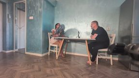 Interview and live bdsm session with her slave Ball - front angle