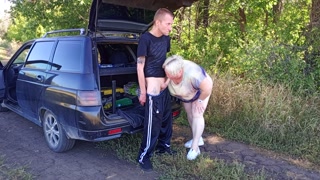 in the park, I fuck my neighbor in her pussy doggy style, then in her mouth and cum twice in a