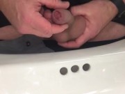 Watch my Flaccid uncut cock taking a piss in the sink @ work. Then nearly busted a nut trying to Cum