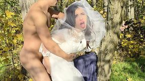 Hot MILF bride in a wedding dress cheats on her boyfriend and gets assfucked in a local park