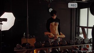 An Asian guy masturbates, then his friend swallows all the sperm