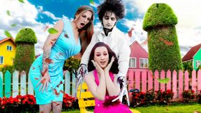 Two busty MILFs get their shaved bushes fucked by a hot guy