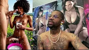 Transgender ebony beauty milks enormous tool while getting booty banged by