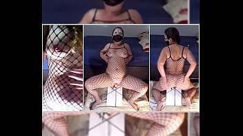 Exhibitionist in fishnet catsuit, front and reverse doggystyle