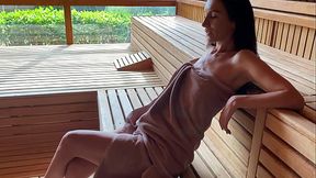 'Sensual Brunette Sucks Stranger in Steamy Sauna'