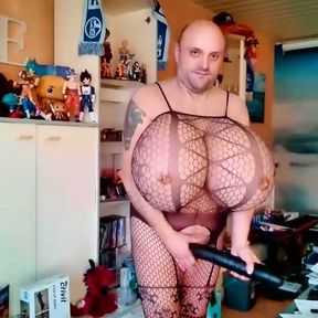 Crossdresser with Huge Tits Cup Z in Fishnet Suit - Let my Sexy Big Boobs Swing and Show my Huge Dildos for Anal Torture