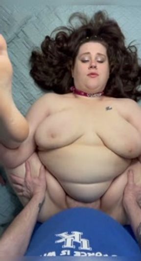 Chubby white girl with huge jiggling tits gets a thick cumshot on her fat white hairy pussy