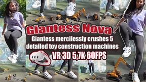 VR 3D 5,7K 180 60 fps | Nova in Fishnet Nylons & Superstars: Giantess mercilessly crushes 5 detailed toy construction machines – excavators, wheel loaders & more get totally pulverized and destroyed under her sweaty feet!