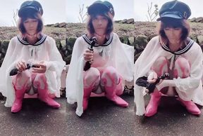 Ladyboy diapered anal plug stuffed and exposed in public alone