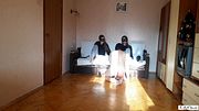 FFM session #151 Foot fetish. Young mistresses use the collared slave as a stool making him kiss their feet