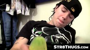 Young thug's cucumber-assisted solo cock tugging and cum fest