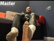 Leather daddy gives you a sock job with dirty white sports socks POV PREVIEW