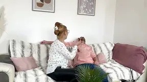 Cuckolded husband watches his wife get a double blowjob and cowgirl ride