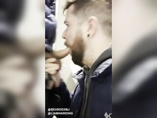 Hot daddy gives hot fellatio to hawt hunk in public washroom