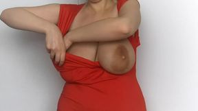 Lena Rose in red dress striping