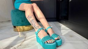 Blue wedges sandals and blue toenails polish on long toes, leather blue miniskirt (2688x1512)
