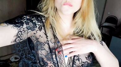 Pretty blonde in lingerie big boobs played with her big tits