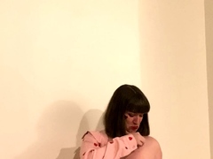 Busty curly brunette with big boobs fucks on couch