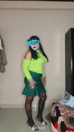 Crossdresser in Green Skirt