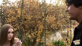 Brunette eats massive white cock during threesome