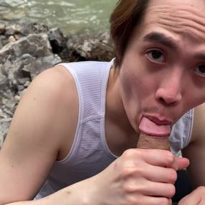 Asian Boy Takes Daddies Load Down by the River While Hiking