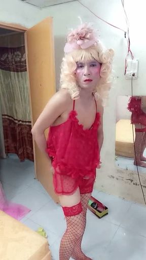 Oanh Le transgender wearing suggestive clothes to play with cans pretending to be too happy