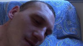With woman's lingerie and a short red wig, this guy is fucked by the big cock of another man, part 3
