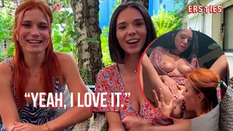 Clemence and Eve enjoy risky public lesbian clit licking and fingering