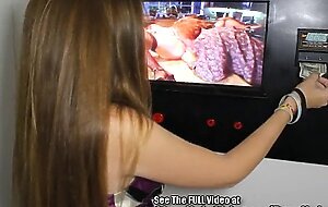 Freckled Slut Sucking Cocks In GloryHole Booth!