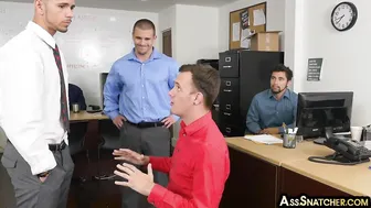 Muscled boss fucks employee in office threesome