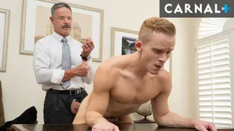 Blond apprentice Dylan Tides gets bareback breeding from hairy dilf master