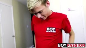 Twink laying alone and stroking cock before using toy