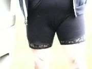 Desperate leggings pee along the road