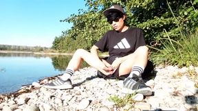 Sexy twink jerks off, cums on his leg, Jon Arteen is a sexy Asian boy who wears an Adidas black tshirt, short short, white socks, sneakers