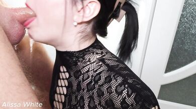 Black lingerie slut gagging on big dick then swallowing every drop
