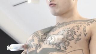 KawasakiYoshi.com - Tattooed Yoshi Kawasaki jerking off and playing with his hard nip