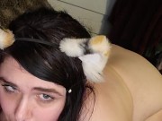 BBW submissive neko girl xxkittens pussy pounded by fuck machine while smoking a bowl, plug tail in