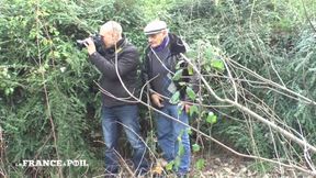 Young chubby redhead slut gets her ass nailed and her breast cum covered in her 1st gangbang outdoor with old man