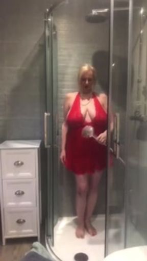 Annabel’s red satin halter neck negligee shower play