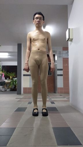 Wearing singhealth nurse pantyhose and shoes only. (Without dress.) The pantyhose is very tight and difficult to put on.